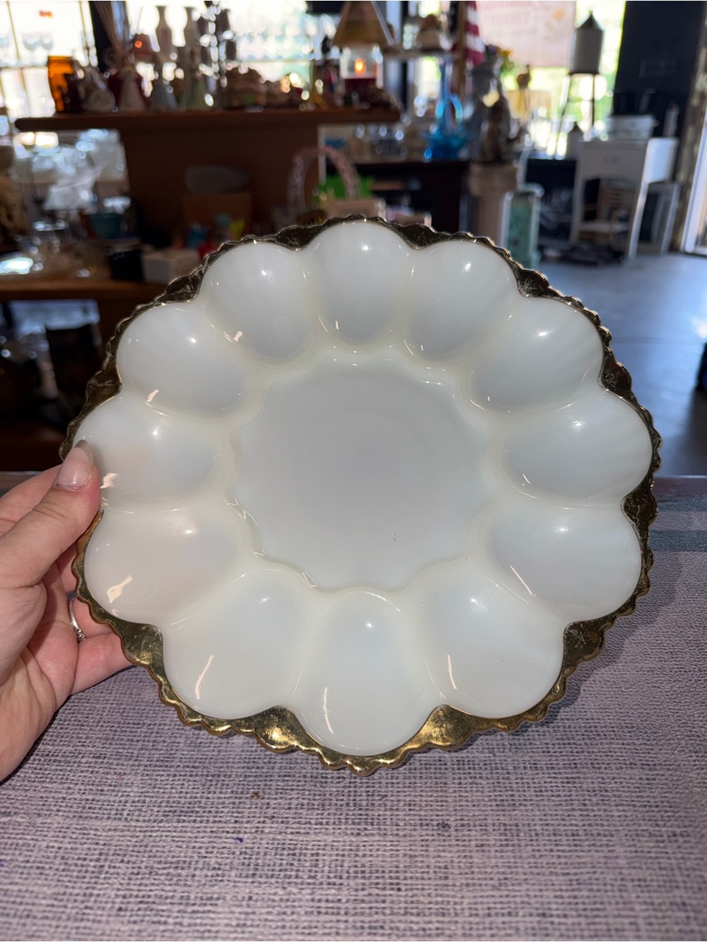 Vintage Anchor Hocking white milk glass Deviled Egg platter with Gold trim